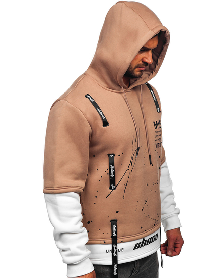 Μπεζ ανδρικό φούτερ με κουκούλα με στάμπα Bolf LJ0586A