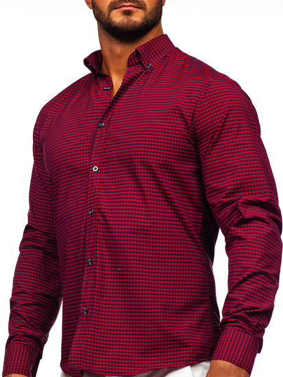 Μπορντό aνδρικό καρό πουκάμισο με μακριά μανίκια Bolf 22745