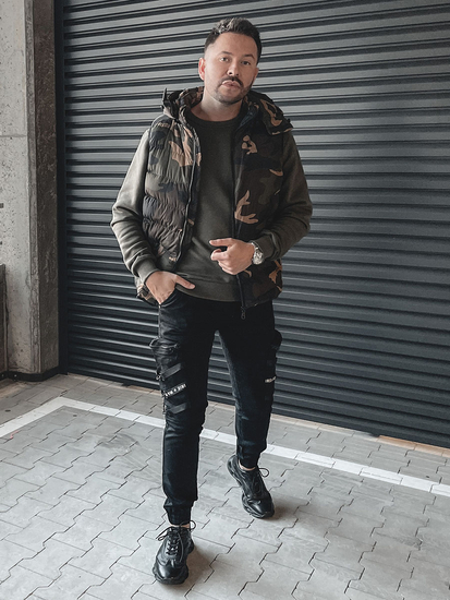 Χακι καπιτονε γιλεκο ανδρικο με κουκουλα στρατιωτικο μοτιβο Bolf 6876