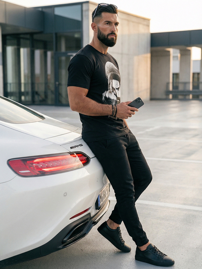 Μαύρο ανδρικό t-shirt με στάμπα Bolf 142175A