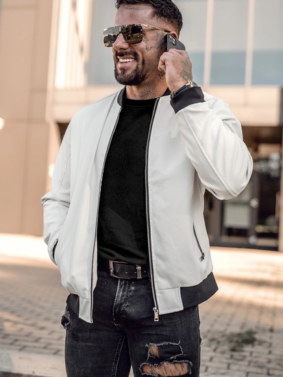 Λευκό ανδρικό δερμάτινο μπουφάν bomber Bolf 7110A2