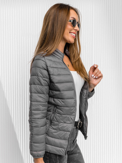 Γκρι καπιτονέ γυναικείο μπουφάν με γιακά Bolf 1141