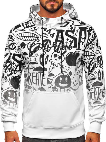 Λευκή ανδρική μπλούζα με κουκούλα kangaroo με στάμπα Bolf 8B995