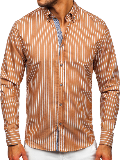 Καφέ ανδρικό πουκάμισο ριγέ με μακριά μανίκια Bolf 20731