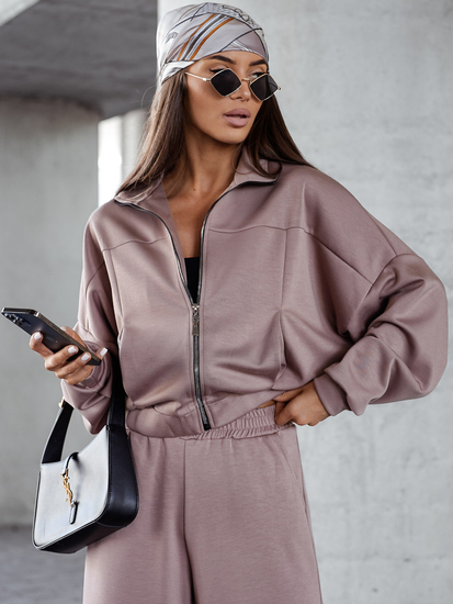 Γυναικεία αθλητική φόρμα 2 τεμαχίων με φερμουάρ και βουτυρένιο τελείωμα Cappuccino Bolf 821109