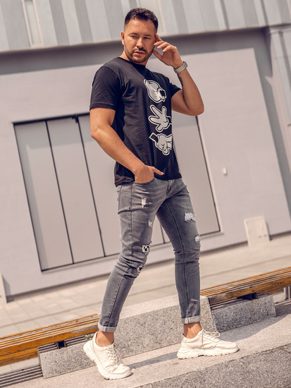 Ανδρικό μπλουζάκι με στάμπα από βαμβάκι Μαύρος Bolf KS1997