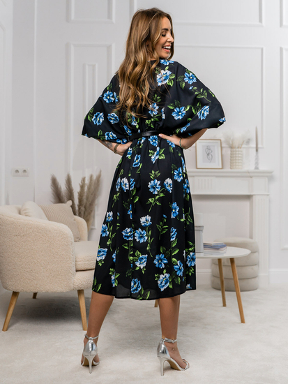 Μαύρο-μπλε μακρύ γυναικείο φόρεμα με λουλούδια Bolf XY202116