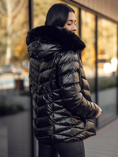 Μαύρο γυναικείο καπιτονέ χειμωνιάτικο μπουφάν με κουκούλα Bolf 5M3138A