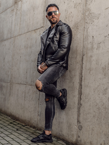 Μαύρο ramones ανδρικό δερμάτινο μπουφάν Bolf 11Z8014