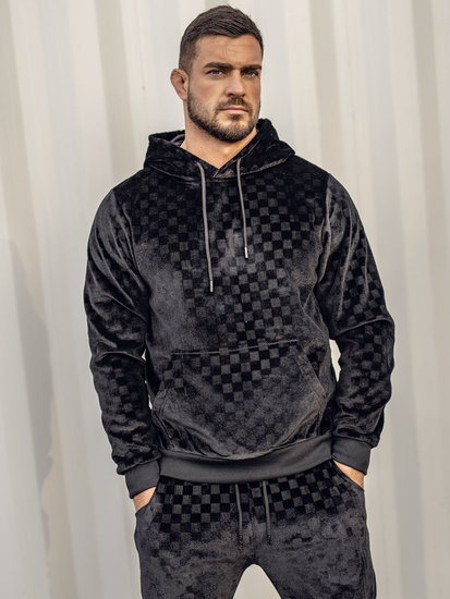 Μαύρο βελουτέ ανδρικό σετ φόρμας με κουκούλα Bolf 3A82