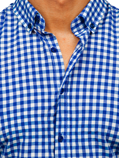Μπλε μαρέν ανδρικό καρό Vichy πουκάμισο με μακριά μανίκια Bolf 22747