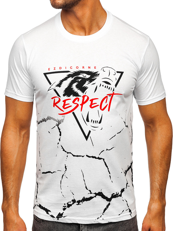 Λευκό βαμβακερό ανδρικό t-shirt με στάμπα Bolf 5035