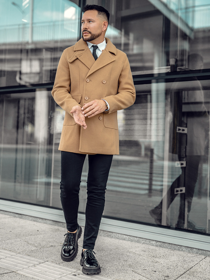 Ανδρικό κοντό χειμερινό παλτό με σταυρωτό τελείωμα Καμήλα Bolf 11Z8215A