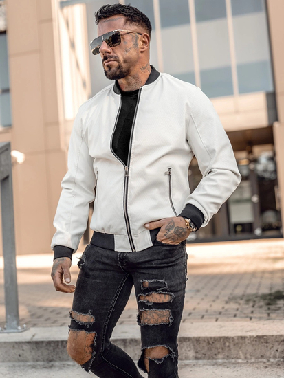 Λευκό ανδρικό δερμάτινο μπουφάν bomber Bolf 7110A2