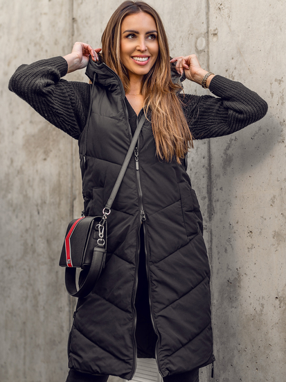 Μαύρο μακρύ καπιτονέ γυναικείο γιλέκο διπλής όψης Bolf B8022