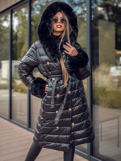 Μαύρο μακρύ γυναικείο καπιτονέ παλτό μπουφάν χειμωνιάτικο με κουκούλα Bolf 5M3160