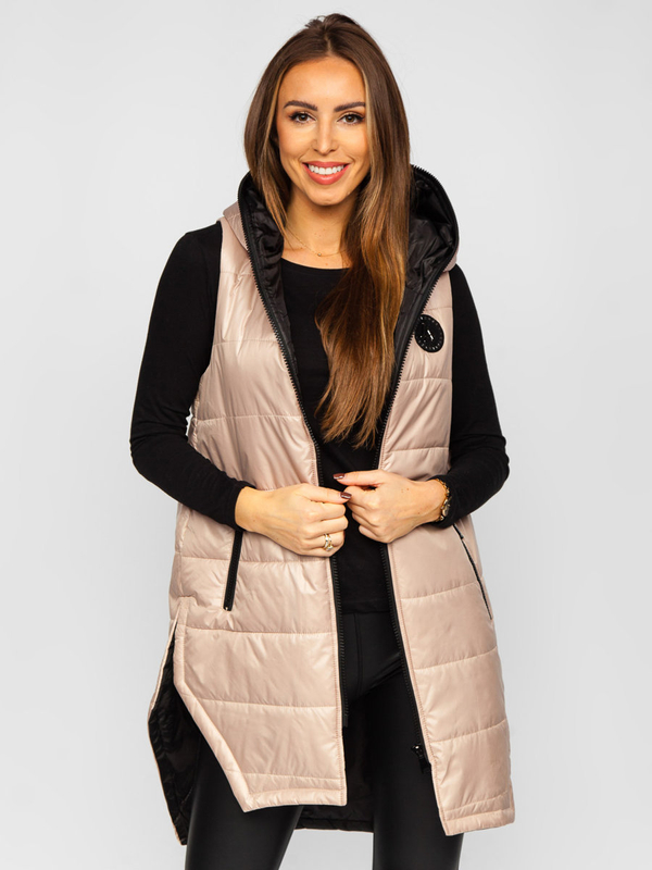 Μπεζ μακρύ καπιτονέ γυναικείο γιλέκο Bolf B0122