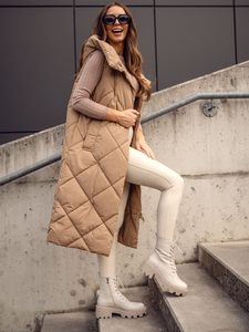 Καμηλό μακρύ καπιτονέ γυναικείο γιλέκο Bolf 5M3165A