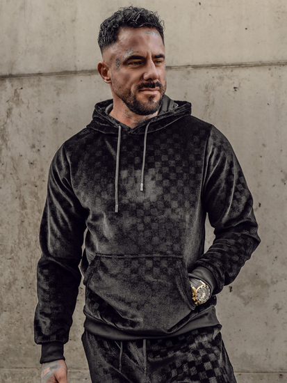 Μαύρο βελουτέ σετ φόρμας με την κουκούλα Bolf 3A82-A