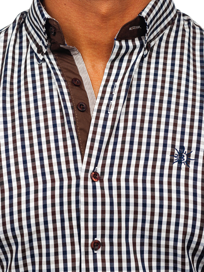 Ανδρικό καρό Vichy καφέ πουκάμισο με μακριά μανίκια Bolf 4712
