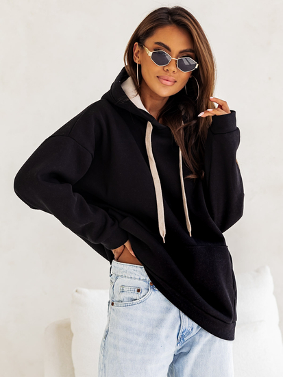 Γυναικείο ζεστό φούτερ με κουκούλα τύπου καγκουρό Μαύρος Bolf 82131