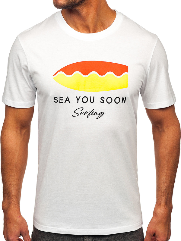 Λευκό βαμβακερό ανδρικό t-shirt με στάμπα Bolf MPO3457