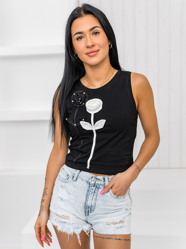 Μαύρο γυναικείο t-shirt τύπου μποξεράκι με εφαρμογή Bolf 96T653