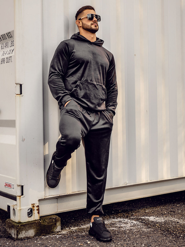 Μαύρη βελούδινη ανδρική φόρμα με κουκούλα Bolf 0002