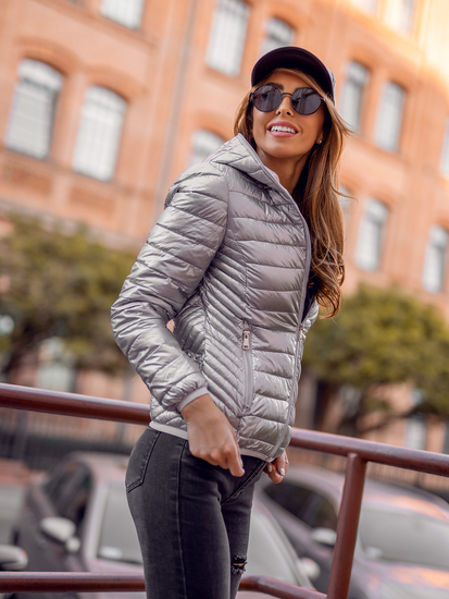 Ασημενιο καπιτονε μπουφαν γυναικειο μεταβατικο με κουκουλα Bolf B9561