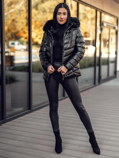 Μαύρο γυναικείο καπιτονέ χειμωνιάτικο μπουφάν με κουκούλα Bolf 5M3138A