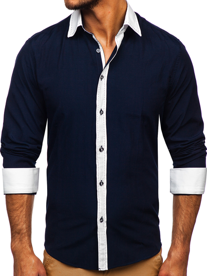 Ανδρικό κομψό μακρυμάνικο πουκάμισο μπλε μπλε ναυτικό Bolf 6882