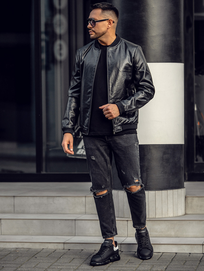 Μαύρη δερμάτινη μπόμπερ ανδρική μπουφάν Bolf 6803B