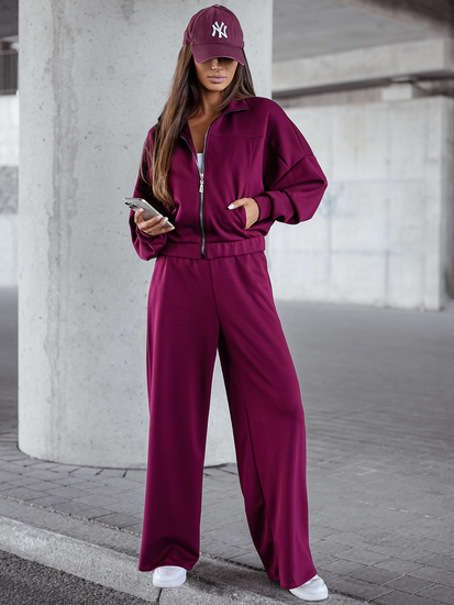 Γυναικεία αθλητική φόρμα 2 τεμαχίων με φερμουάρ και βουτυρένιο τελείωμα Κόκκινο κρασί Bolf 821109