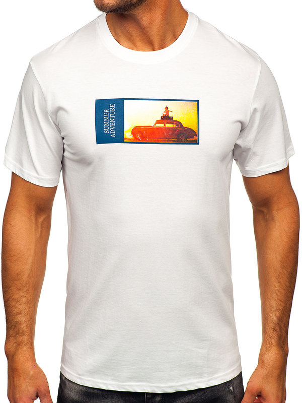 Λευκό βαμβακερό ανδρικό t-shirt με στάμπα Bolf MPO3559