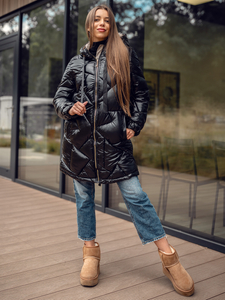 Μαύρο μακρύ καπιτονέ μπουφάν παλτό χειμωνιάτικο με κουκούλα για γυναίκες Bolf 5M3189