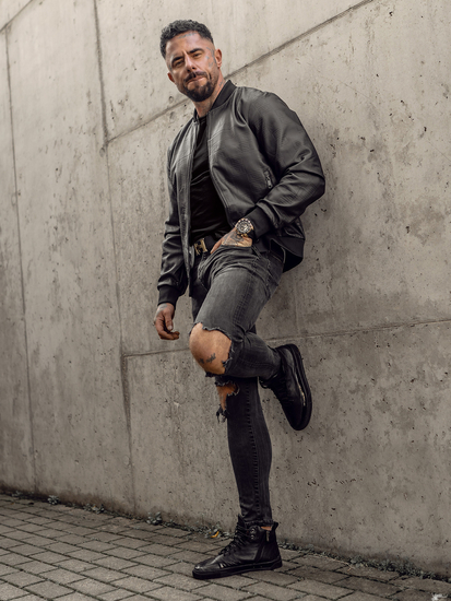 Μαύρο δερμάτινο μπουφάν bomber ανδρικό Bolf 3A65